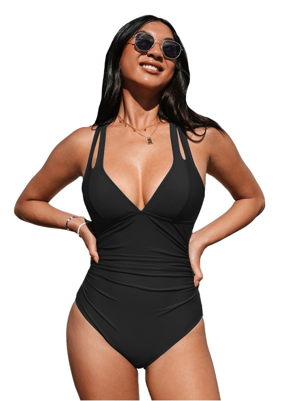Cupshe NWT Black Double-Strap V-Neck One-Piece Swimsuit